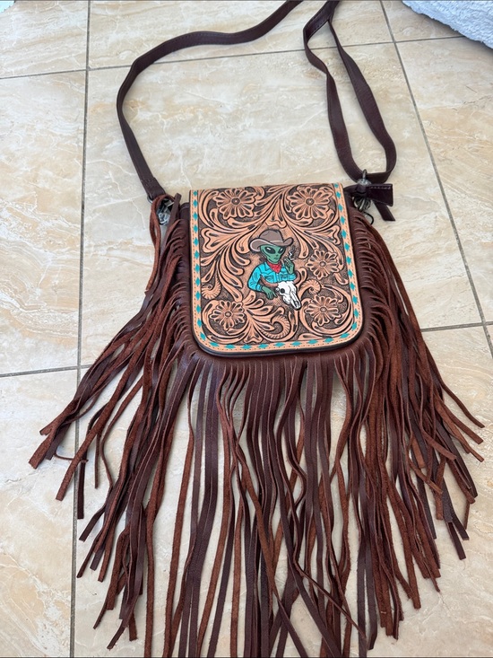 Source Unknown Handbags - Source Unknown Brown Tooled Leather Fringe Crossbody Bag with Turquoise Accent